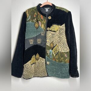 Indigo Moon Multicolor Velvet Embroidered Beaded Tapestry Jacket Boho SzL Flawed